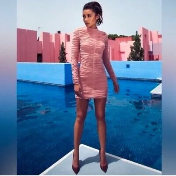 House Of CB Soleil Nude Dusty Pink Mesh Long Sleeve Ruched Dress XS - Picture 1 of 10